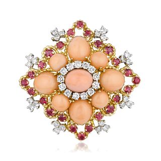 Coral Pink Sapphire and Diamond Brooch