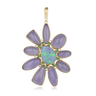 Pamela Huizenga Black Opal Chalcedony and Diamond Flower Pendant