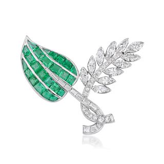 Emerald and Diamond Leaf Brooch