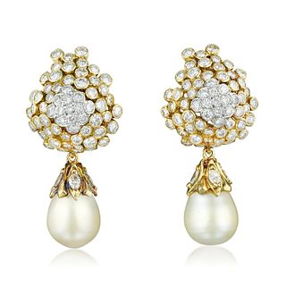 Cultured Pearl and Diamond Day/Night Earclips
