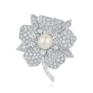 Bailey Banks & Biddle Cultured Pearl and Diamond Flower Brooch/Pendant