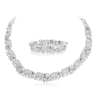 Diamond and Ruby Elephant Necklace and Bracelet Set