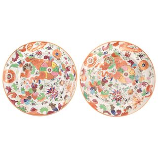 Pair Chinese Export Pseudo Tobacco Soup Plates