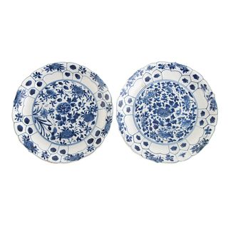 Pair Chinese Blue/White Lotus Flower Dishes