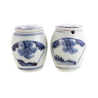 Pair Chinese Export Blue/White Covered Jarlets