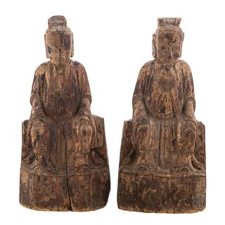 Pair Chinese Carved Wood Votive Figures
