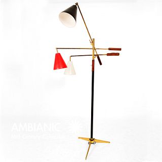Mid Century Modern Early Triennale Floor Lamp BrassBrown Leather Angelo Lelli