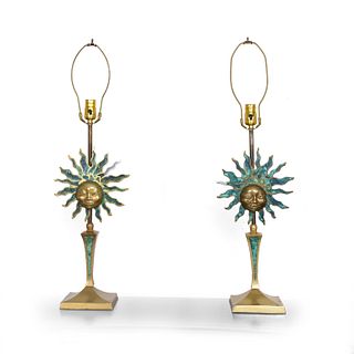 Pair of Sun Sculpture Table Lamps by Pepe Mendoza Brass and Malachite