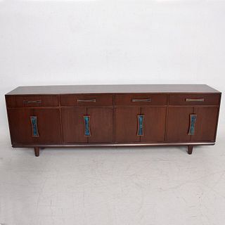 Mid-Century Modern Cal Mode Walnut Credenza with Inlay Pull Handles