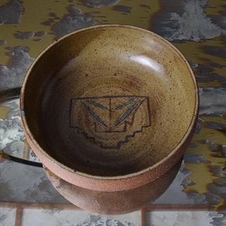 Vintage  Graphic Ceramic Pottery Dish Signed  MC Mid Century