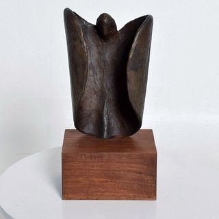 Mid Century Modern Abstract Bronze Art Sculpture on Walnut