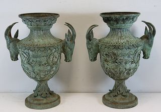 Impressive Pair Of Antique Patinated Bronze Urns