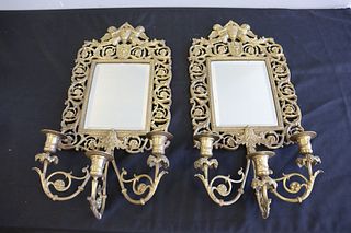 Antique Pair Of Mirror Back Brass Sconces