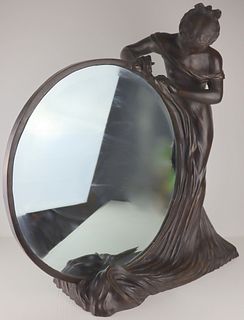 Art Nouveau Bronze Mirror with Standing Beauty.