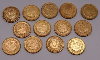 GOLD. (13) Mexican 2 Pesos Gold Coins.