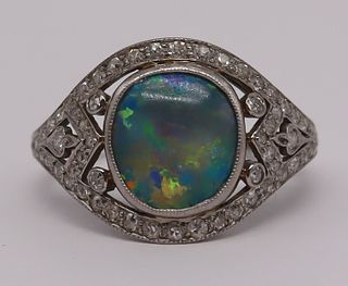 JEWELRY. Signed Platinum, Opal and Diamond Ring.