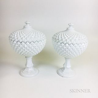 Pair of Opaque Glass "Sawtooth" Covered Compotes