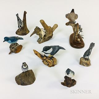 Eight Carved and Painted Songbirds
