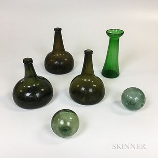 Three Blown Glass Onion Bottles and Three Green Glass Items