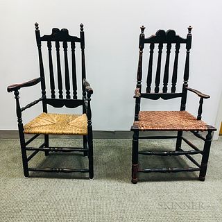 Two Black-painted Bannister-back Armchairs