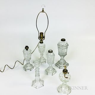 Four Sandwich Colorless Glass Fluid Lamps and Two Others