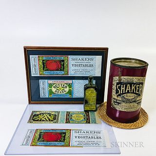 Four Shaker Lithographed Labels, a Baking Powder Cannister, and a Sarsaparilla Bottle.