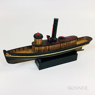 Paint-decorated Velvet-lined Tugboat-form Trinket Box