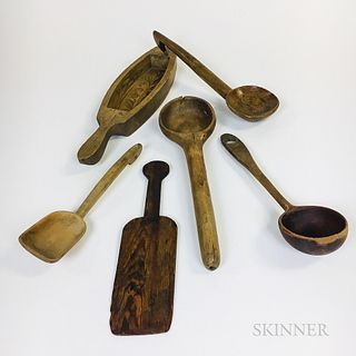 Six Carved Wood Utensils.