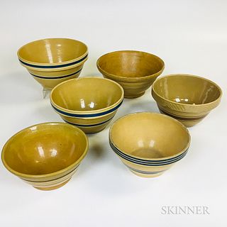 Six Banded Yellowware Mixing Bowls