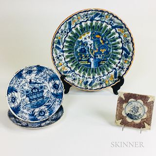 Delft Polychrome Charger, a Pair of Plates and a Tile
