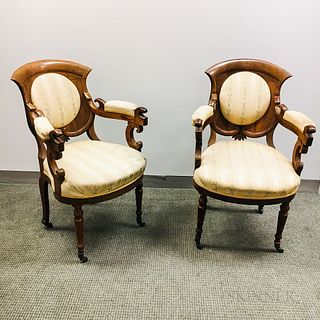 Pair of Victorian Upholstered Rosewood Veneer Armchairs