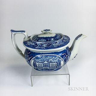 Staffordshire "State House/Hartford" Blue Transfer-decorated Teapot