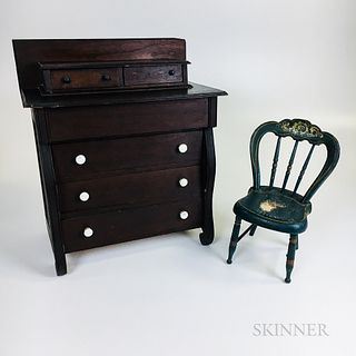 Miniature Late Classical-style Mahogany Chest of Drawers and a Blue-painted Fancy Chair