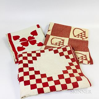 Three Pieced and Appliqued Red and White Cotton Quilts
