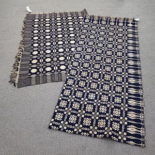 Two Blue and White Double-weave Coverlets