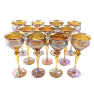 Set Of 11 Tiffany Favrille Glass Wine Stems