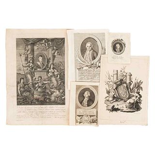 Allegory- Portraits of Ferdinand VII, Matías de Galvez , the Count of Galvez, and the Count of Revillagigedo. Engravings. Pieces: 5.