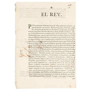 I, the King (Philip V). Dispatch. "Por quanto por diferentes Leyes de la Recopilación de Indias y principalmente por la... Madrid: 1718.