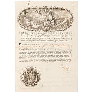 Alange - Revillagigedo - Gutiérrez del Mazo, Ramón. Real Cédula. México, September 16th, 1791. Cover w/2 engravings.