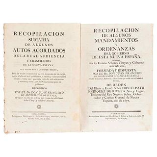 Montemayor y Cordova de Cuenca, Juan Francisco. Recopilación Sumaria de Autos / Recopilación de Algunos Mandamientos. México1787. Pzs.2
