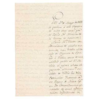 Calleja del Rey, Félix Ma. Letter Adressed to Sor. Director de Alcabalas. Sobre dividir las 10 provincias en 2 comandancias. México 1813
