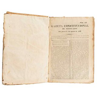 Constitutional Gazette of Nuevo León. Nuevo León; Government printing press under Sixto González, 1829.