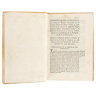 General Constitutions. Para todas las Monjas Descalzas. Reimpreso en México, en la oficina de D. Mariano Ontiveros, 1822.