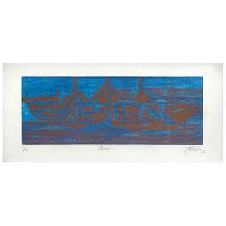 GABRIEL MACOTELA, Barco, Signed and dated 17, Aquatint 21 / 30, 9 x 23.2" (23 x 59 cm)