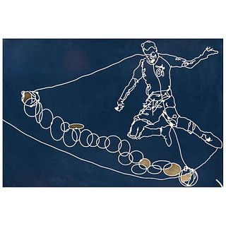 EMILIANO GIRONELLA PARRA, El futbolista, Signed, Woodcut with gold leaf 4 / 4, 31.8 x 44.4" (81 x 113 cm), w/certificate