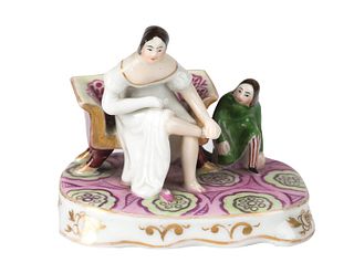 A RUSSIAN PORCELAIN MINIATURE GROUP OF A WOMAN AND A BOY, GARDNER PORCELAIN FACTORY, MOSCOW, MID 19TH CENTURY