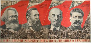 [KLUTSIS] FROM AN IMPORTANT COLLECTION OF BOOKS AND NEWSPAPERS WITH DESIGNS FROM KLUTSIS (RAISE HIGHER THE BANNER OF MARX, ENGELS, LENIN, AND STALIN!,