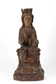 A NORTHERN SPANISH SCULPTURE OF THE ENTHRONED VIRGIN AND CHILD (SEDES SAPIENTIAE), CIRCA 1200 