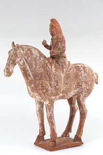 A CHINESE TERRACOTTA FIGURE OF A HORSERIDER, TANG DYNASTY (618-907)