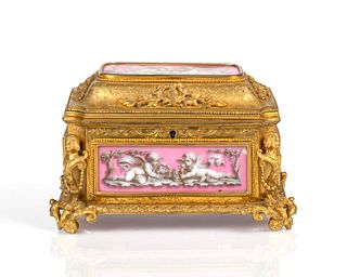A FRENCH ORMOLU AND ENAMEL JEWELRY BOX, TAHAN, PARIS, CIRCA 1860S